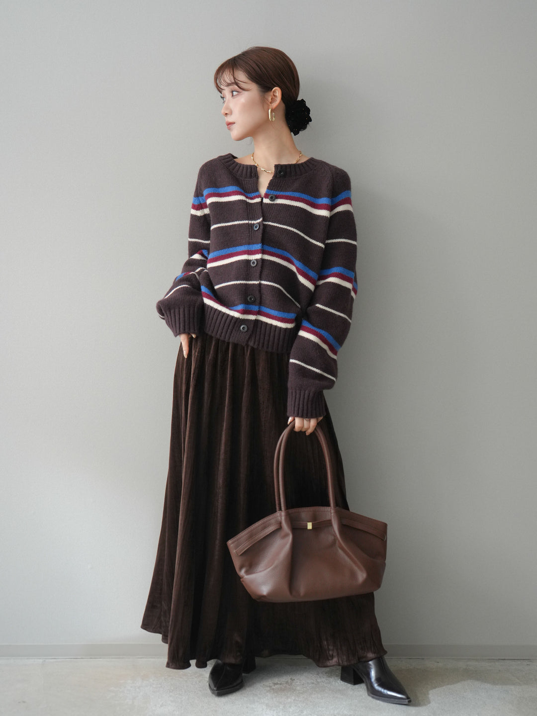 [予約]ワッシャーベロアプリーツスカート/brown