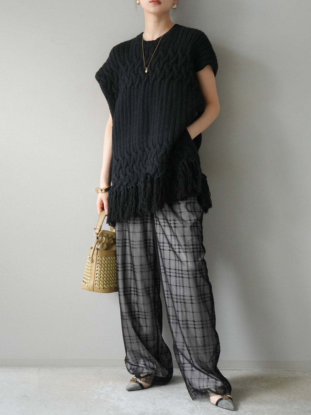 [予約]ケーブルニットフリンジベスト/ブラック
