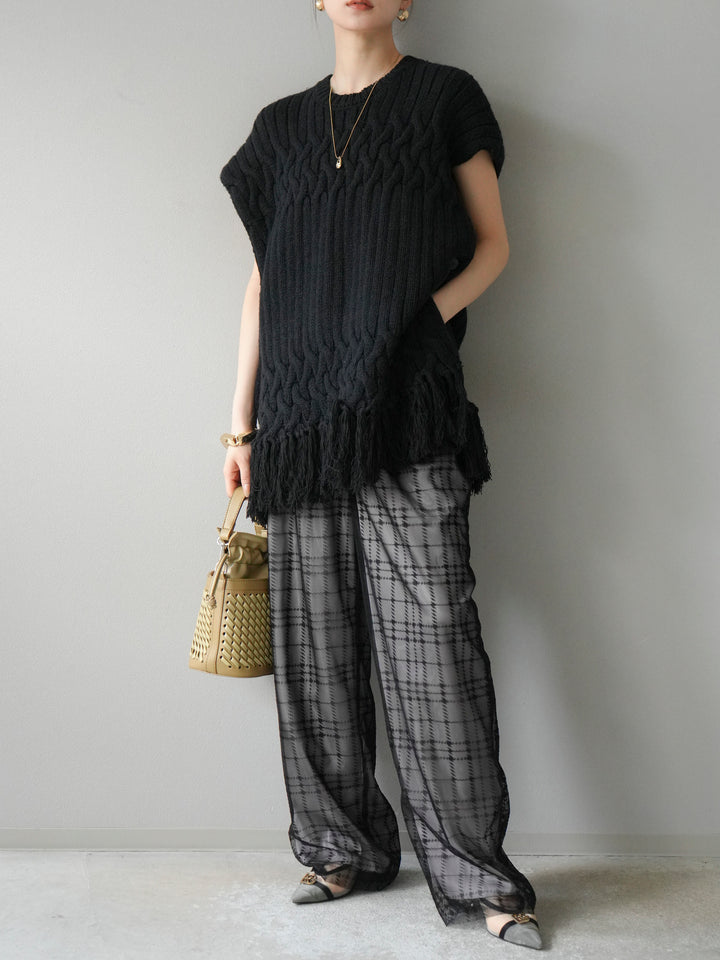 [予約]ケーブルニットフリンジベスト/ブラック