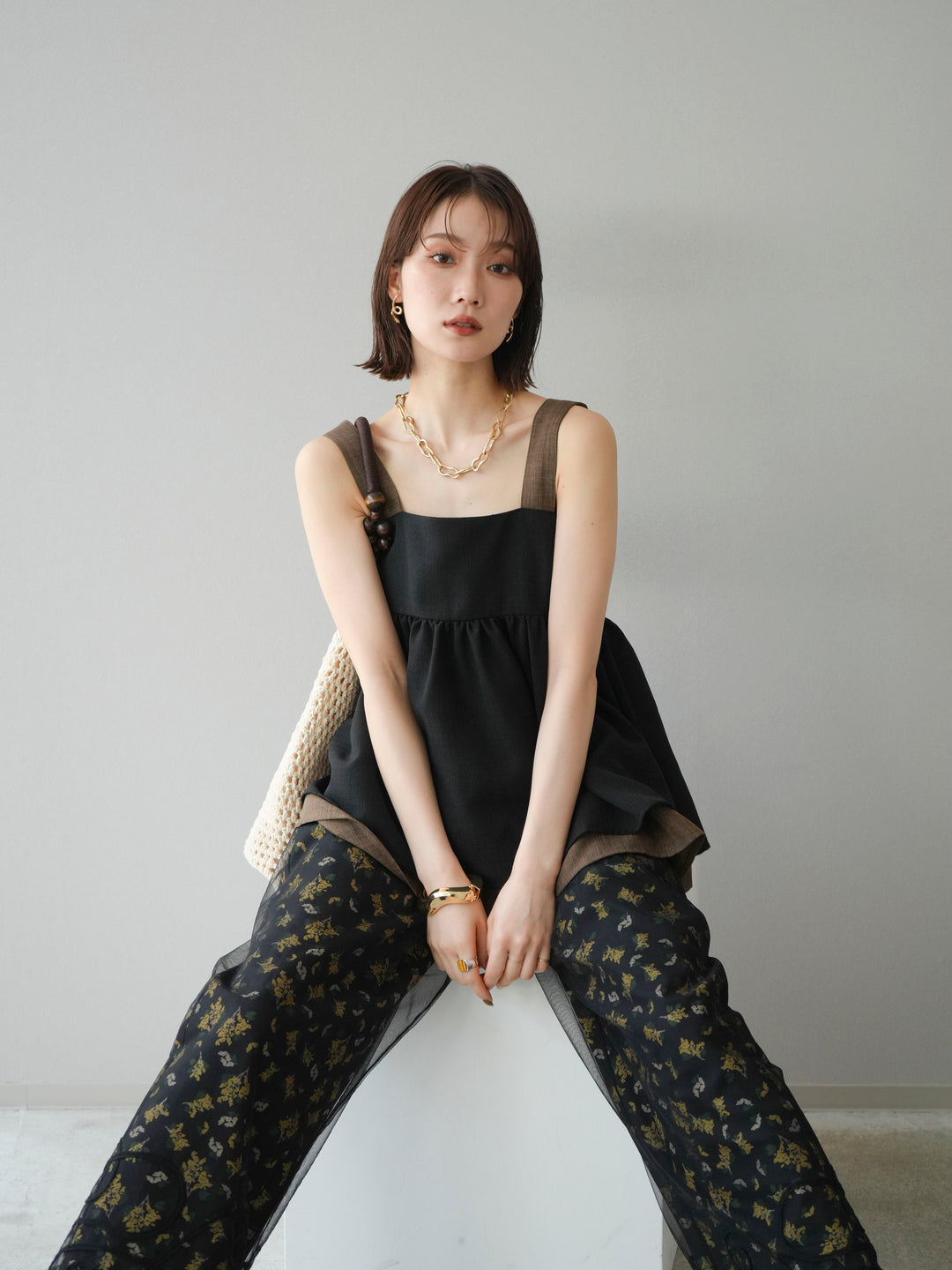 [SET]リネンライク配色フレアタンクトップ+ブーケプリントタックパンツ(2set)