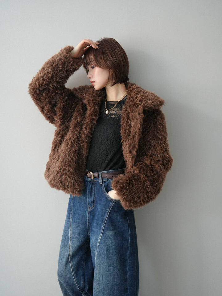 [予約]フェイクファー襟付きショートブルゾン/brown