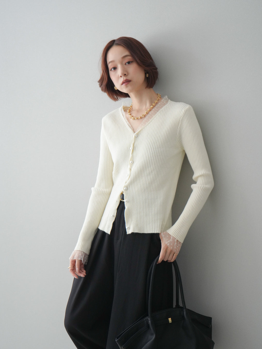 [SET]チュールドッキングパールボタンニットカーディガン+選べるアクセセット(2set)