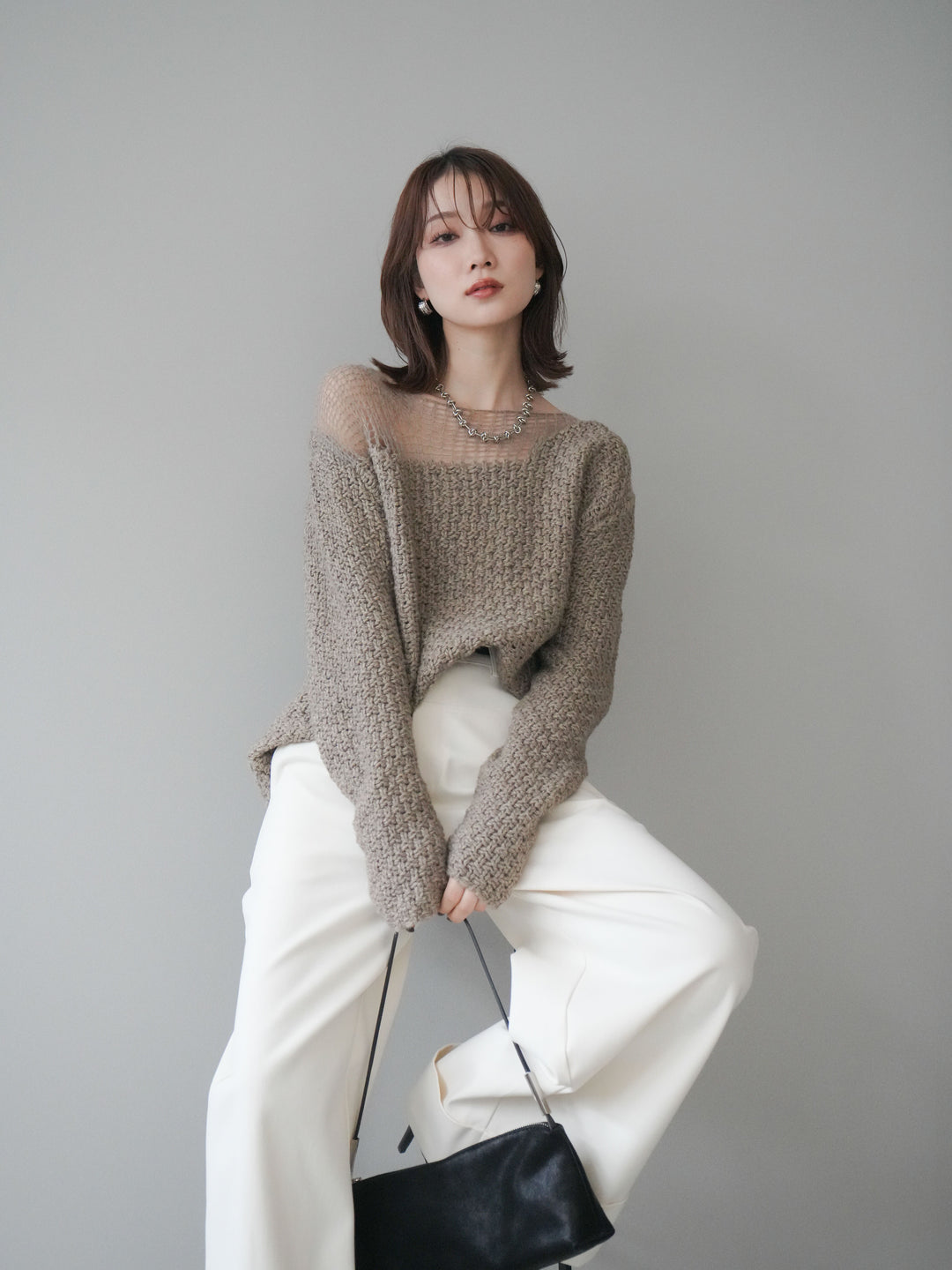 [予約]ダメージデザインニットプルオーバー/greige