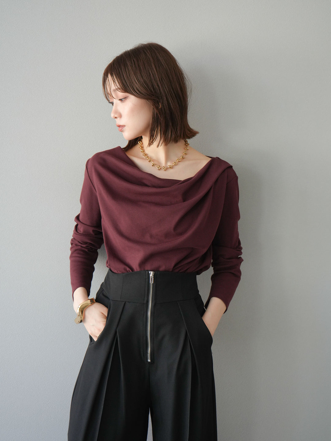 [予約]ドレープデザインカットソー/ブラウン