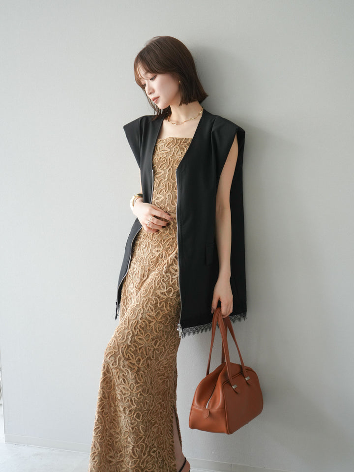 [預購] 雙拉鍊蕾絲下擺背心/黑色