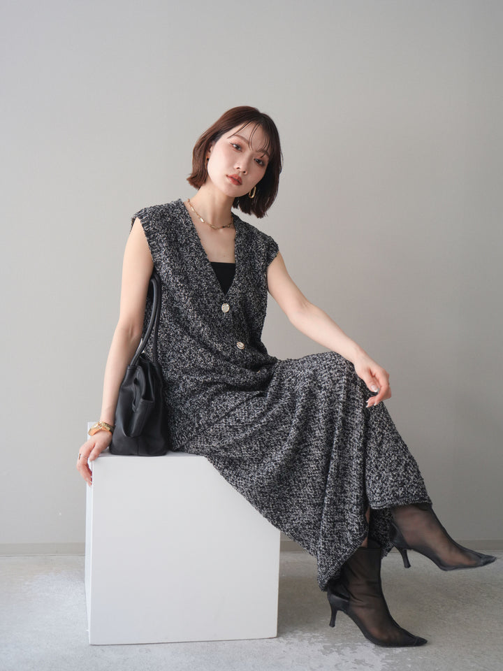 [予約]ミックススラブメタルボタンニットベスト/black