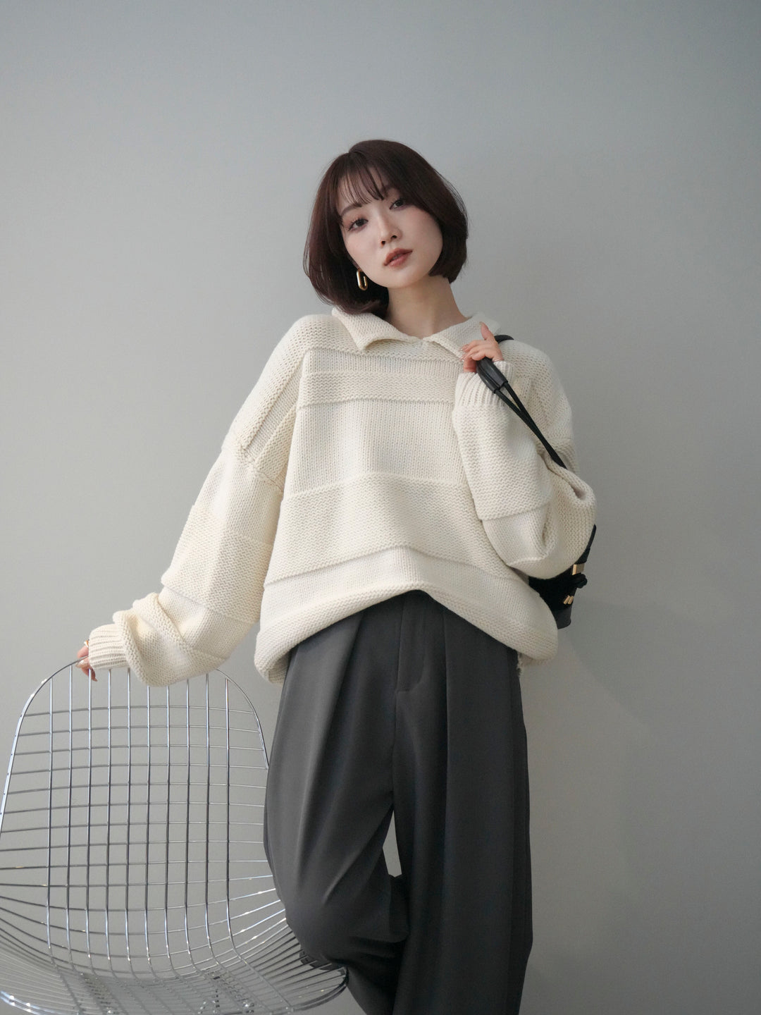 [SET]襟付きボーダー編みニットプルオーバー+ベルトループデザインワイドパンツ(2set)