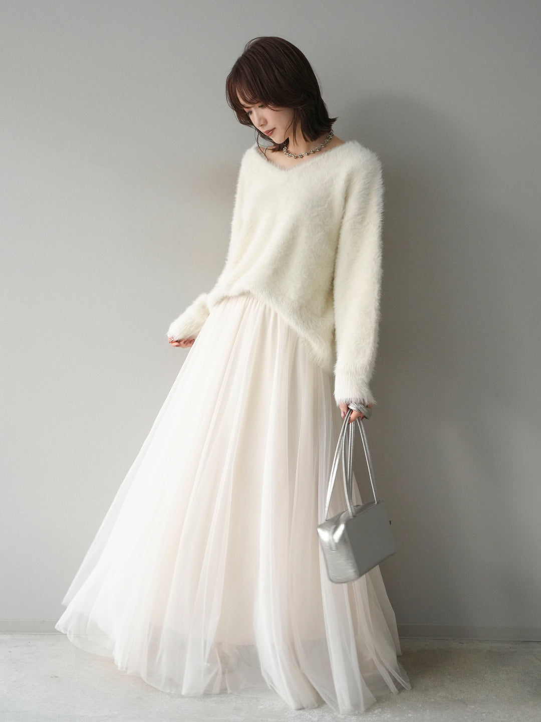 [SET]バックリボンVネックシャギーニットプルオーバー+チュールボリュームスカート(2set)