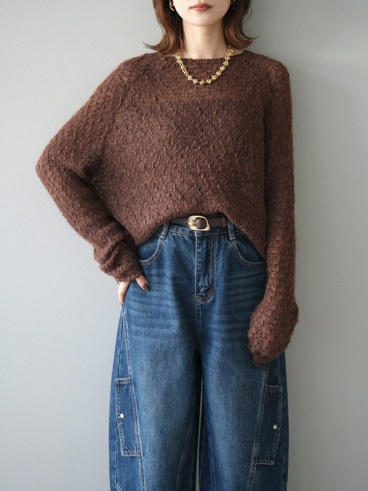 [予約]透かし編みモヘアタッチポコポコニットプルオーバー/brown