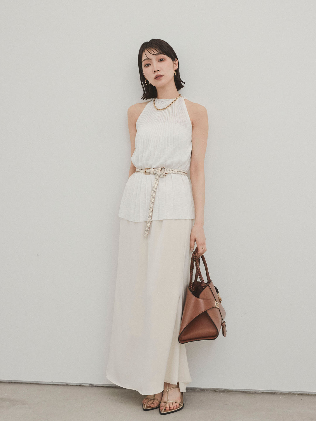 [SET]プリーツニットキャミソール+リラックスナロースカート(2set)