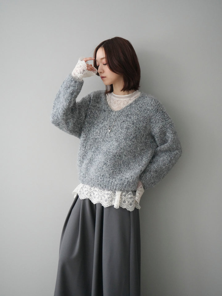 [SET]Vネックミックスヤーンニットプルオーバー+テープベルトタックバギーパンツ(2set)