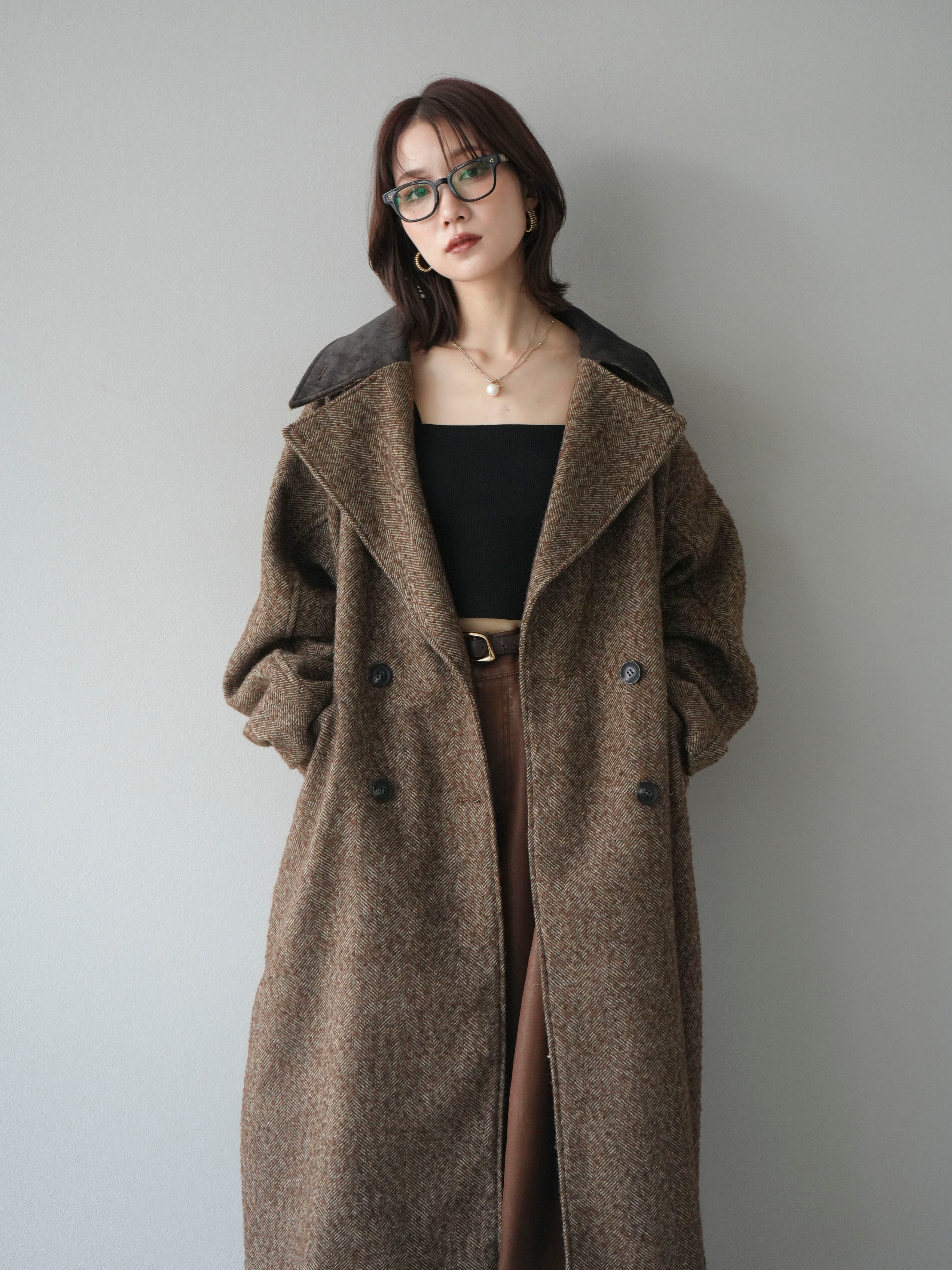 予約]ネップヘリンボーンレザー襟チェスターコート/brown – Lumier