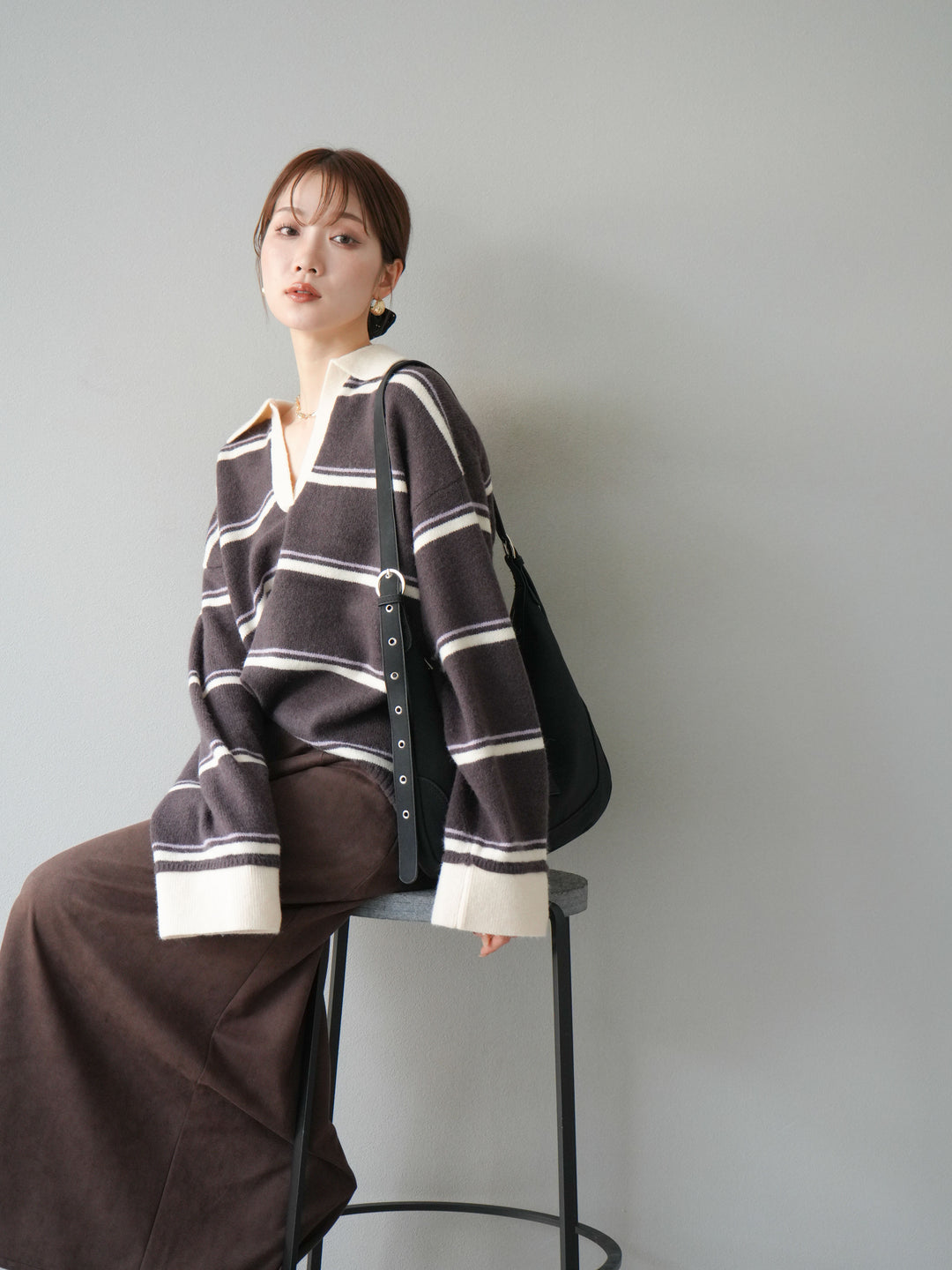 [SET]ポロ襟スキッパーボーダーニットプルオーバー+スウェードIラインスカート(2set)