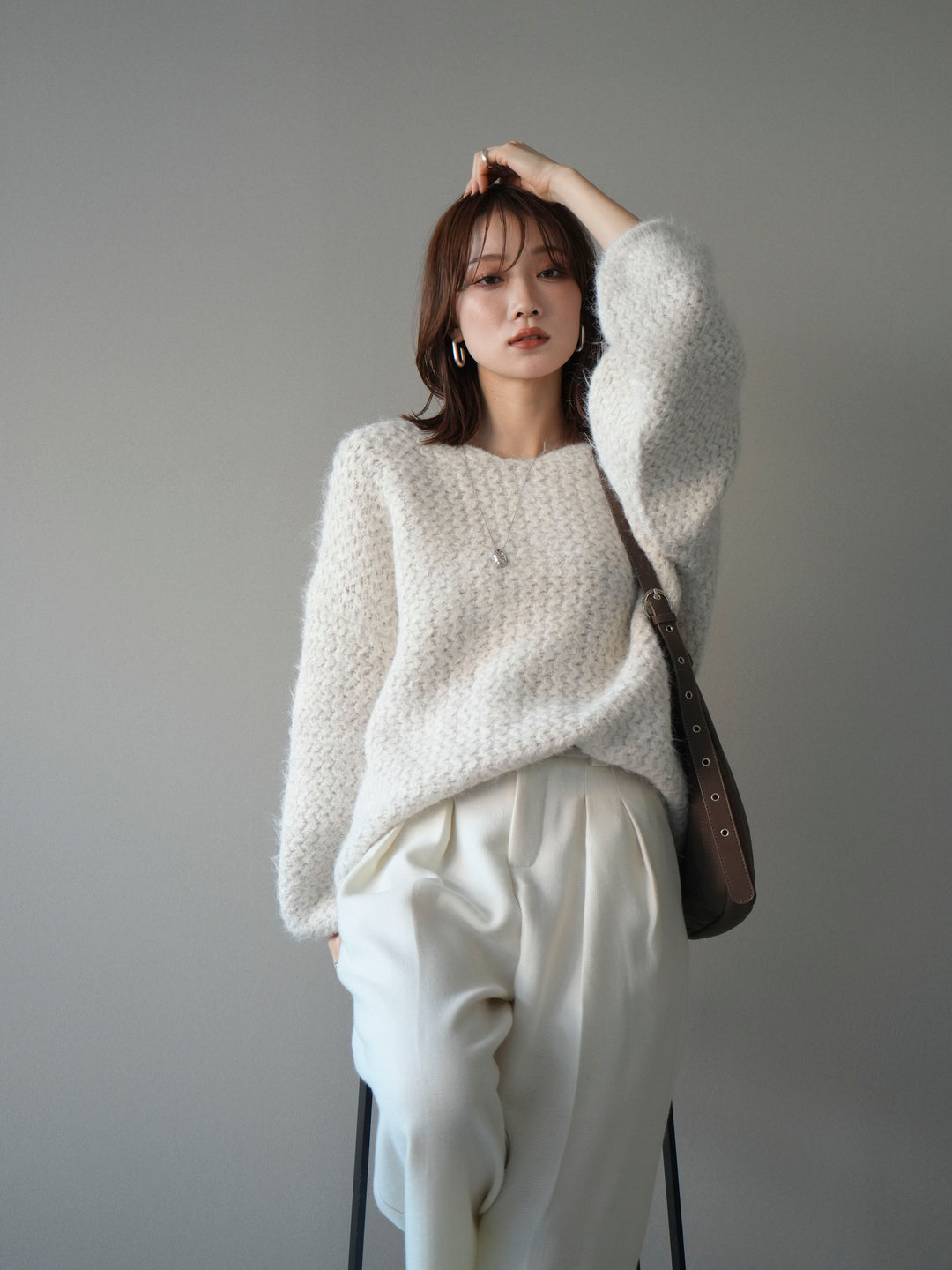 [予約]ウールタッチラメミックスヤーンVネックニットプルオーバー/ivory