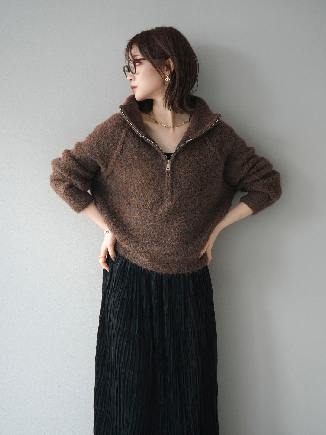 [予約]スタンドジップMIXブークレニットプルオーバー/brown