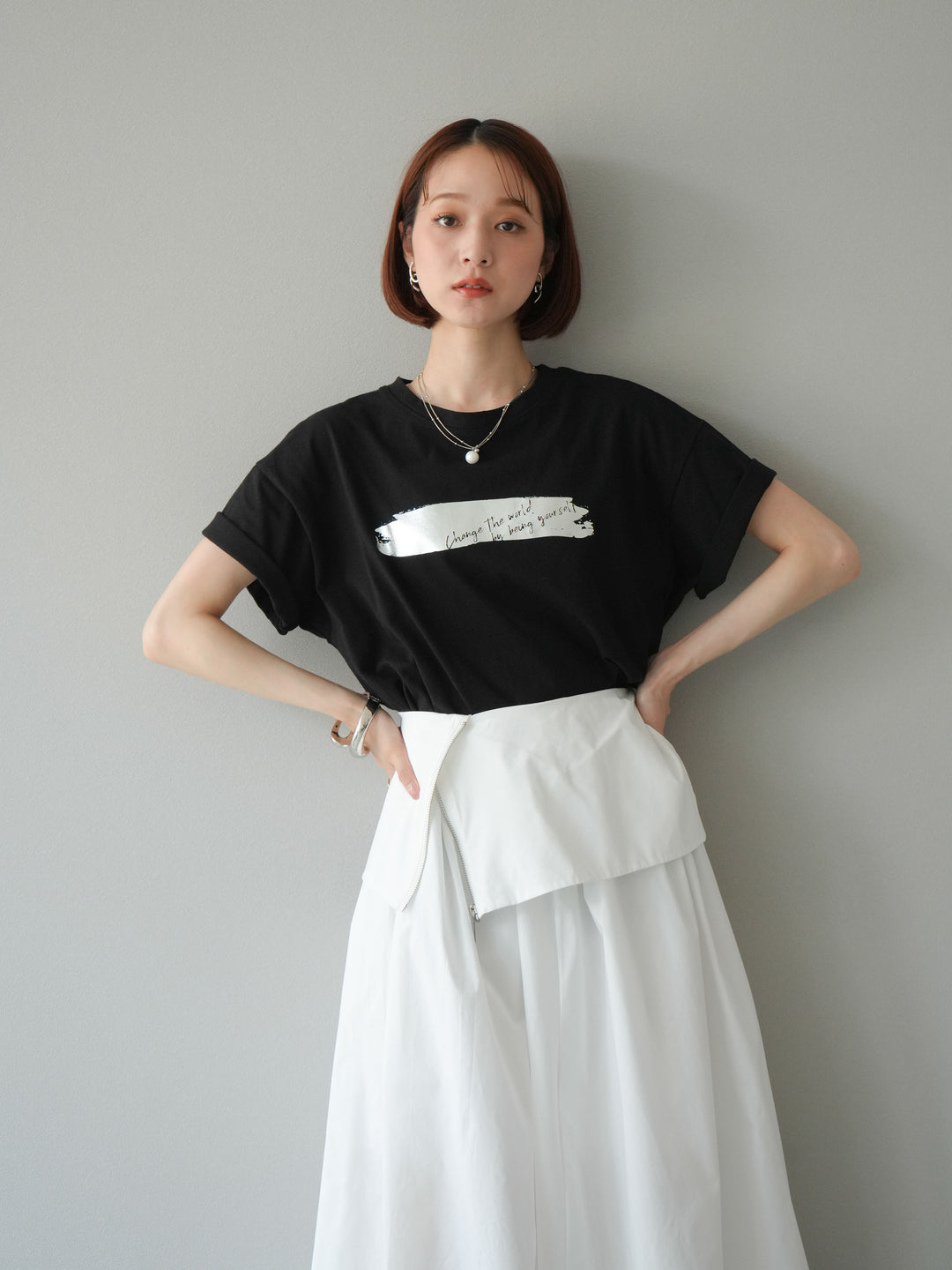 [予約]箔プリントTシャツ/ブラックシルバー