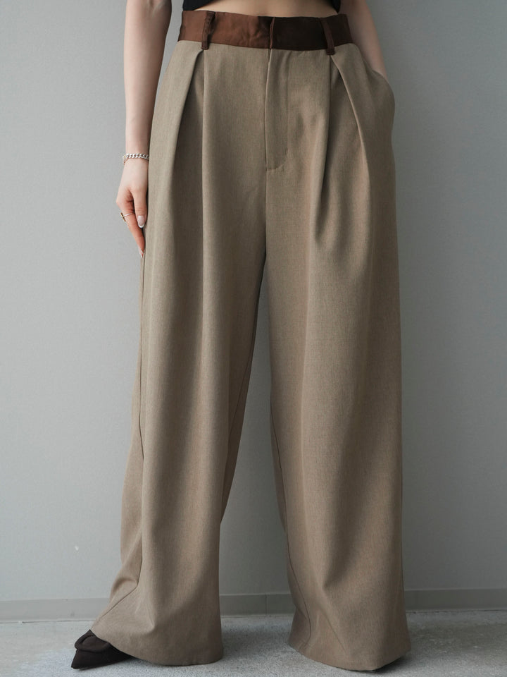 [予約]サテンベルトタックワイドパンツ/beige