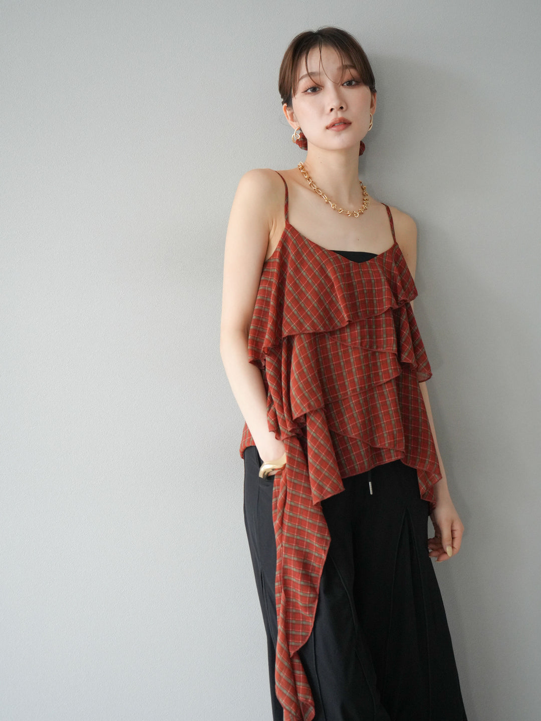 [予約]チェック柄ラッフルキャミソール/レッド