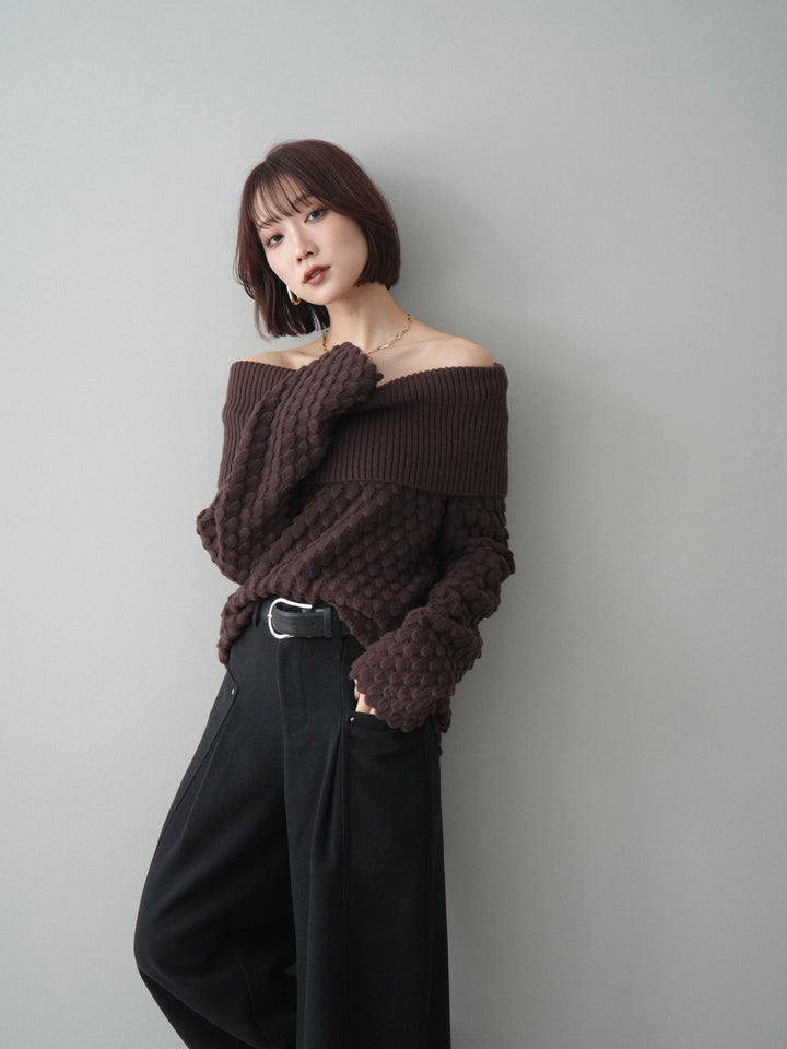 [予約]ポコポコ編みオフショルニットプルオーバー/brown