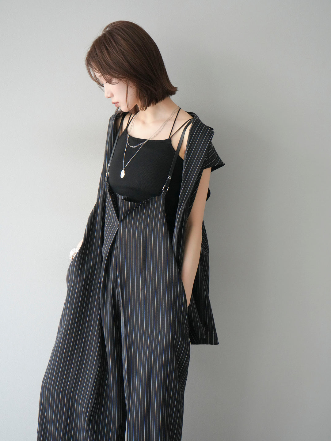 【着回しセット】[SET]ヘリンボーンストライプジレ+シアー切替ベロアトップス+ヘリンボーンストライプサロペット(3set)