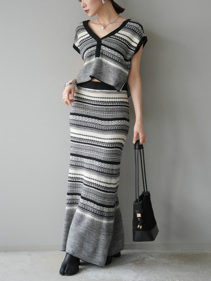 [予約]ガーター編み2WAYニットベスト/ホワイト×ブラック