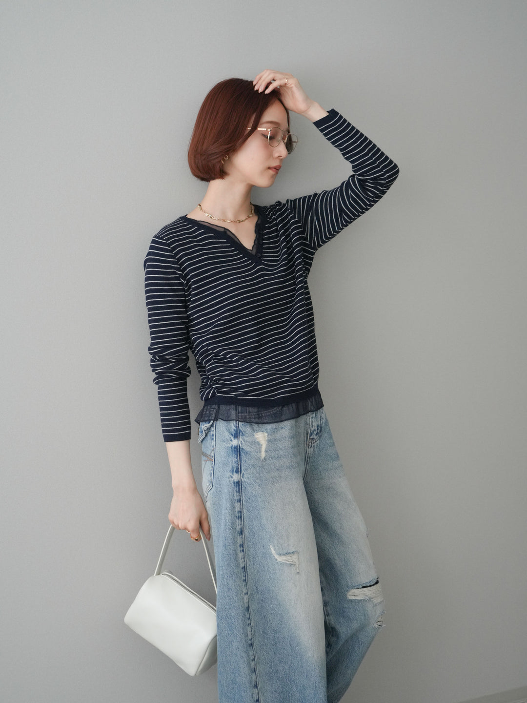 [SET]チュールレイヤードデザインボーダーニットトップス+ダメージデニムセミワイドパンツ(2set)