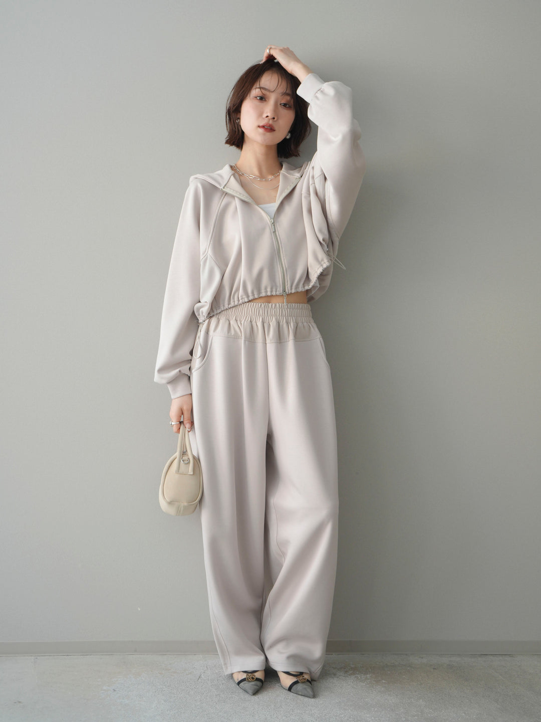 [SET]バイカラー異素材ライトポンチクロップドZIPフーディー+バイカラー異素材サイドラインライトポンチパンツ(2set)