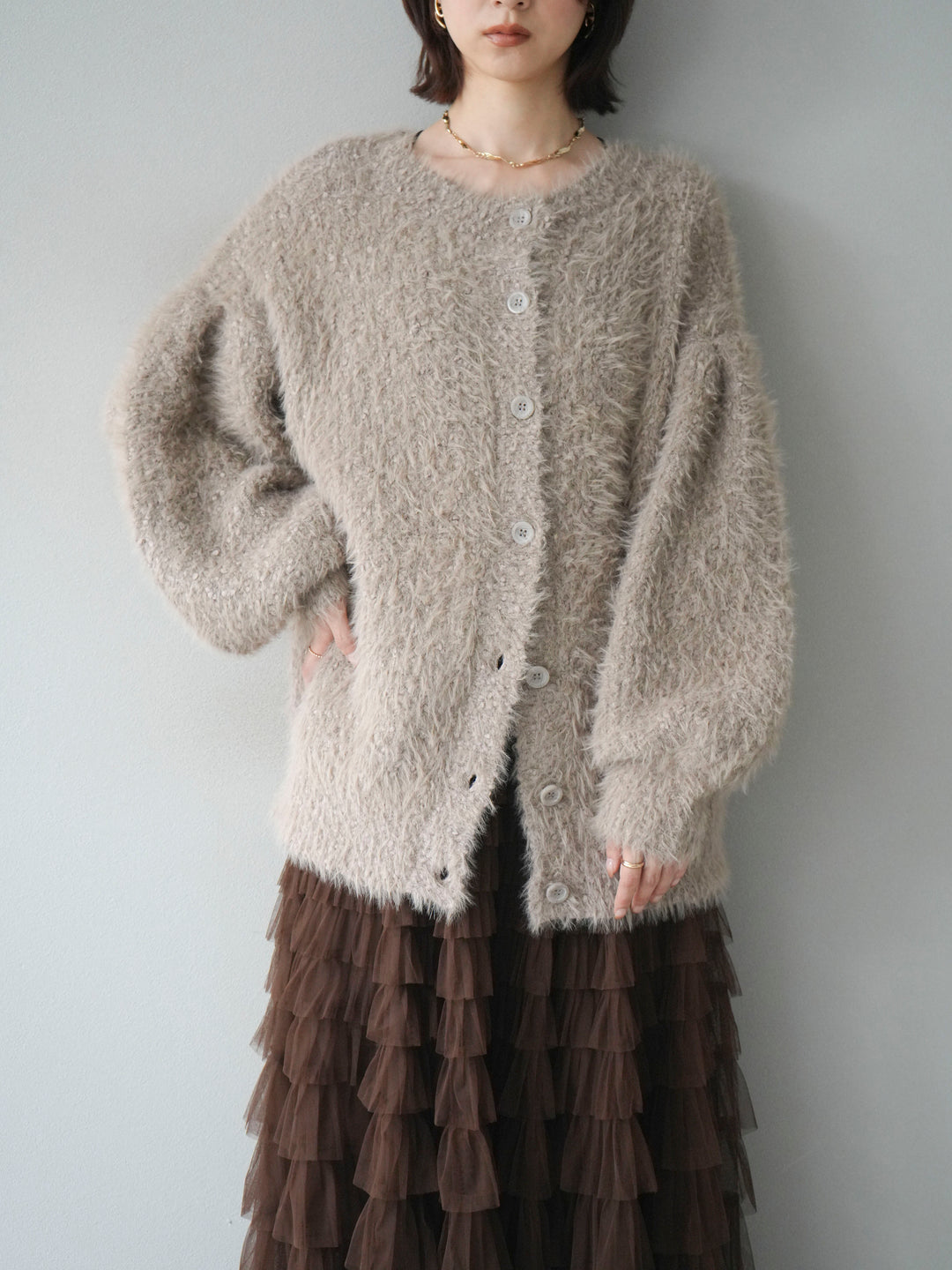 [予約]クルーネックランダムシャギーカーディガン/グレージュ