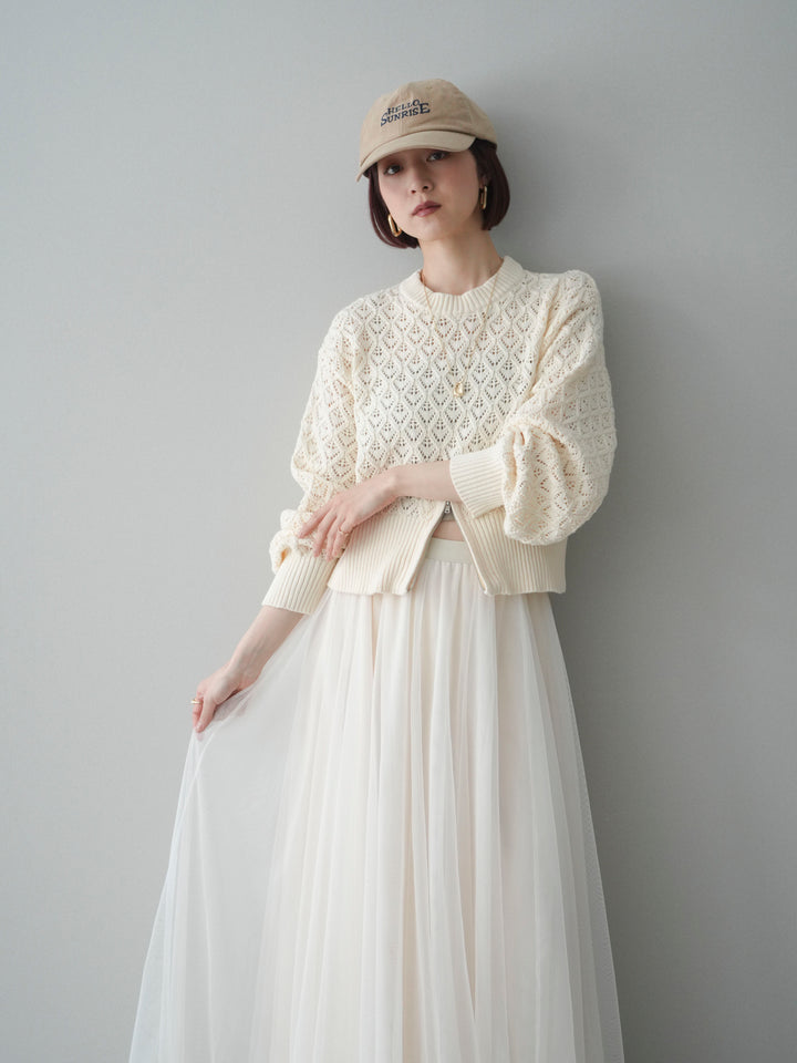 [予約]透かし編みフロントジップスリットニットプルオーバー/ivory