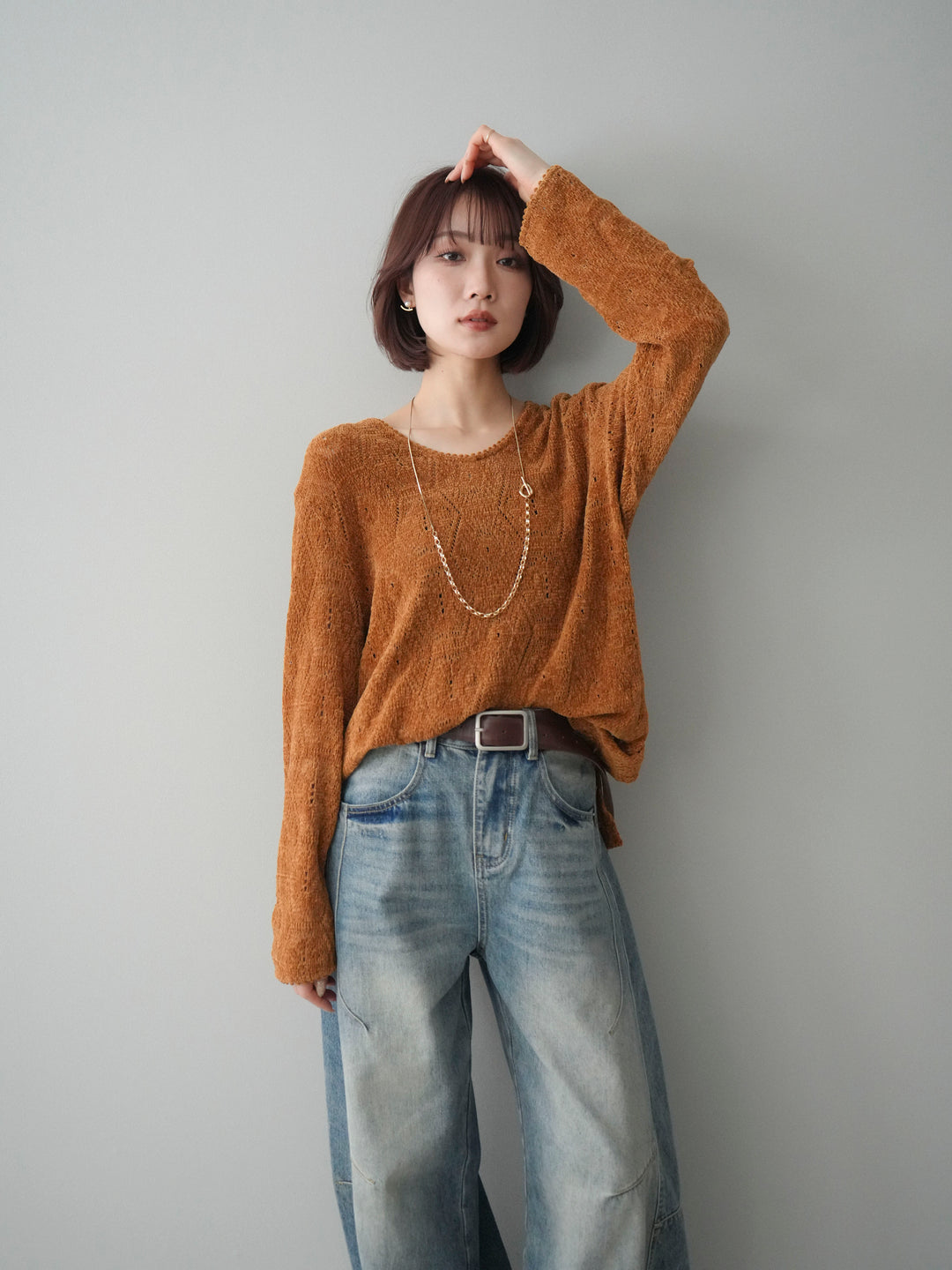 [SET]モール透かし編みニットトップス+ベルト付カーブデニムパンツ(2set)