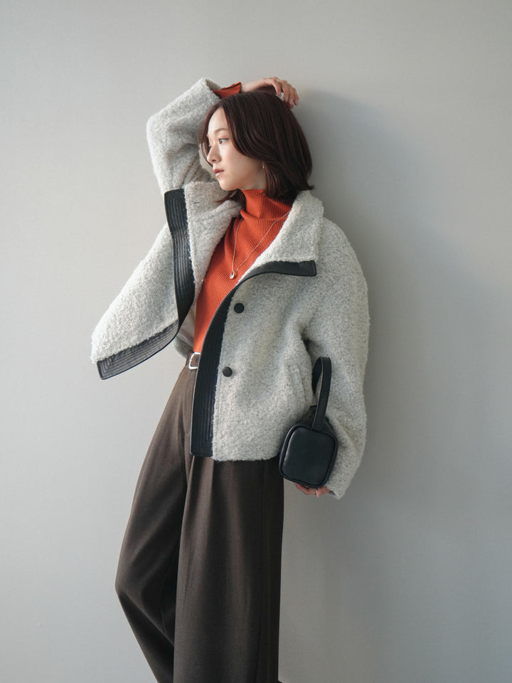 [SET]レザー切替ブークレブルゾン+アニマル柄ベルト付きウールタッチワイドパンツ(2set)