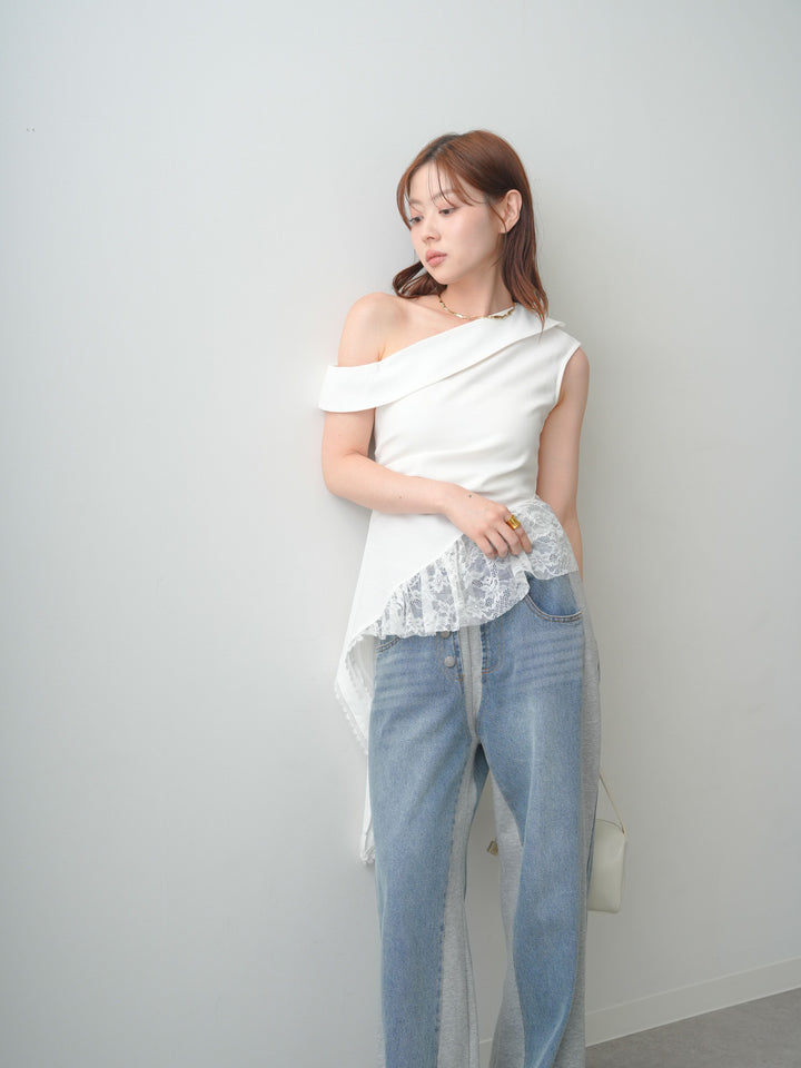 [SET]アシンメトリーラッフルレースヘムトップス+デニム切替スウェットパンツ(2set)