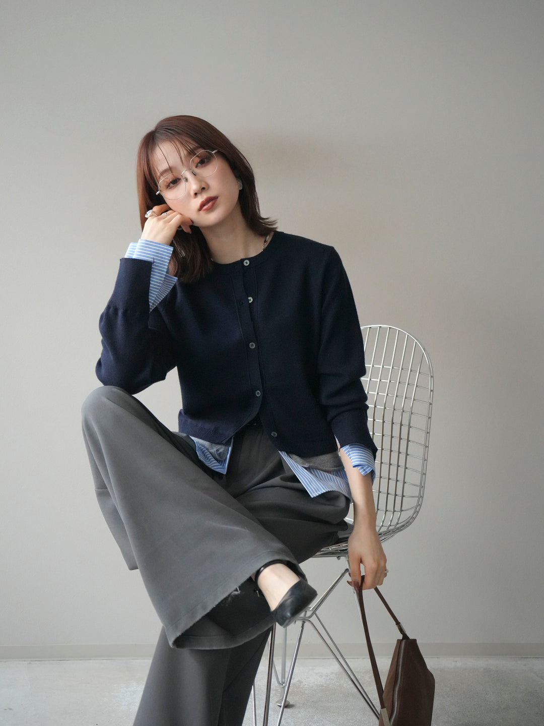 [予約]シャツ襟レイヤードニットカーディガン/navy