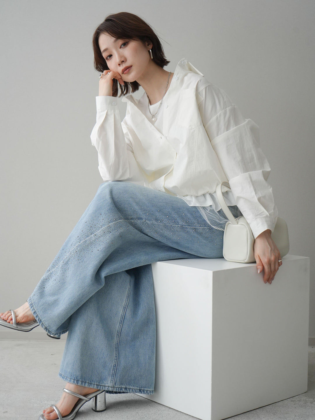 [予約]裾チュールノースリーブカットソー＆シャツドッキングトップス/white