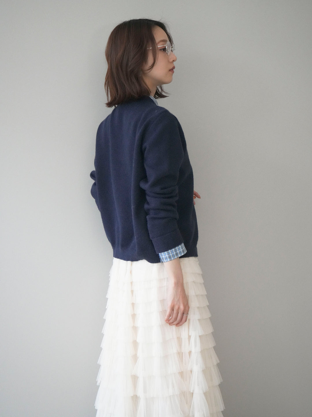 [予約]チェックシャツレイヤードデザインニットカーディガン/navy