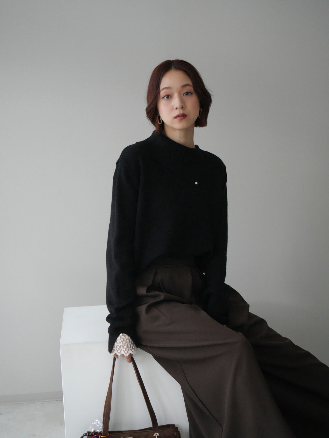 [SET]袖レースパール付き配色ニットトップス+テープベルトタックバギーパンツ(2set)