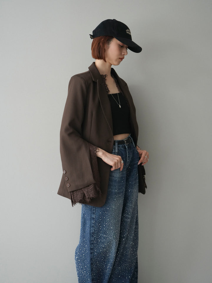 [予約]レースレイヤードスリットジャケット/brown