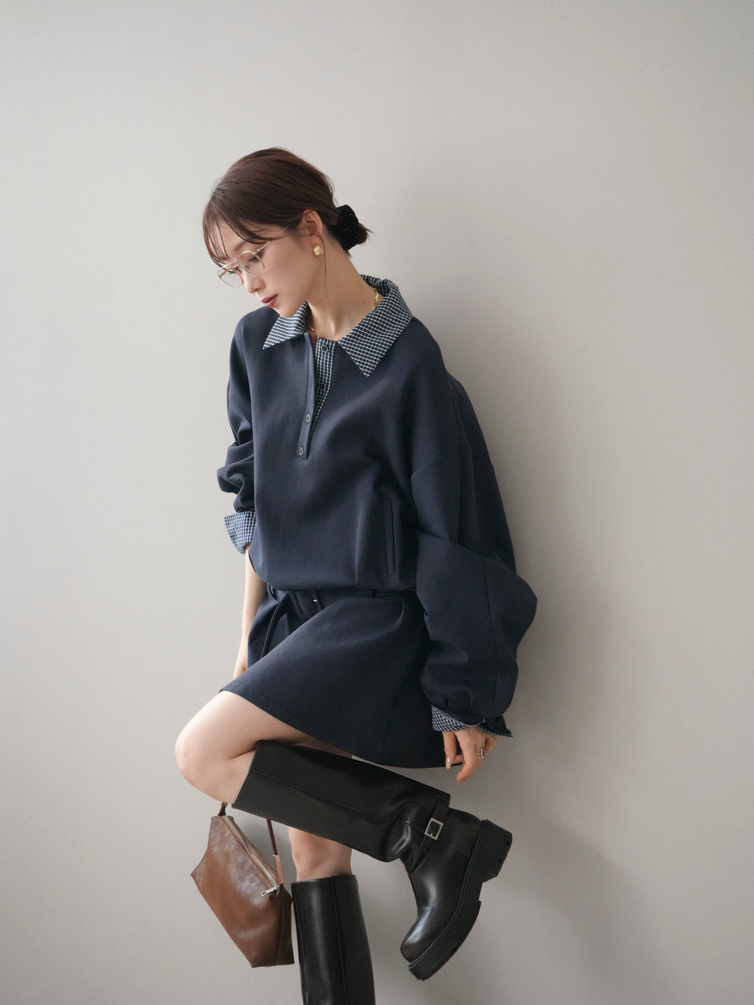 [SET]チェック襟xスエットミニワンピース+選べるアクセセット(2set)