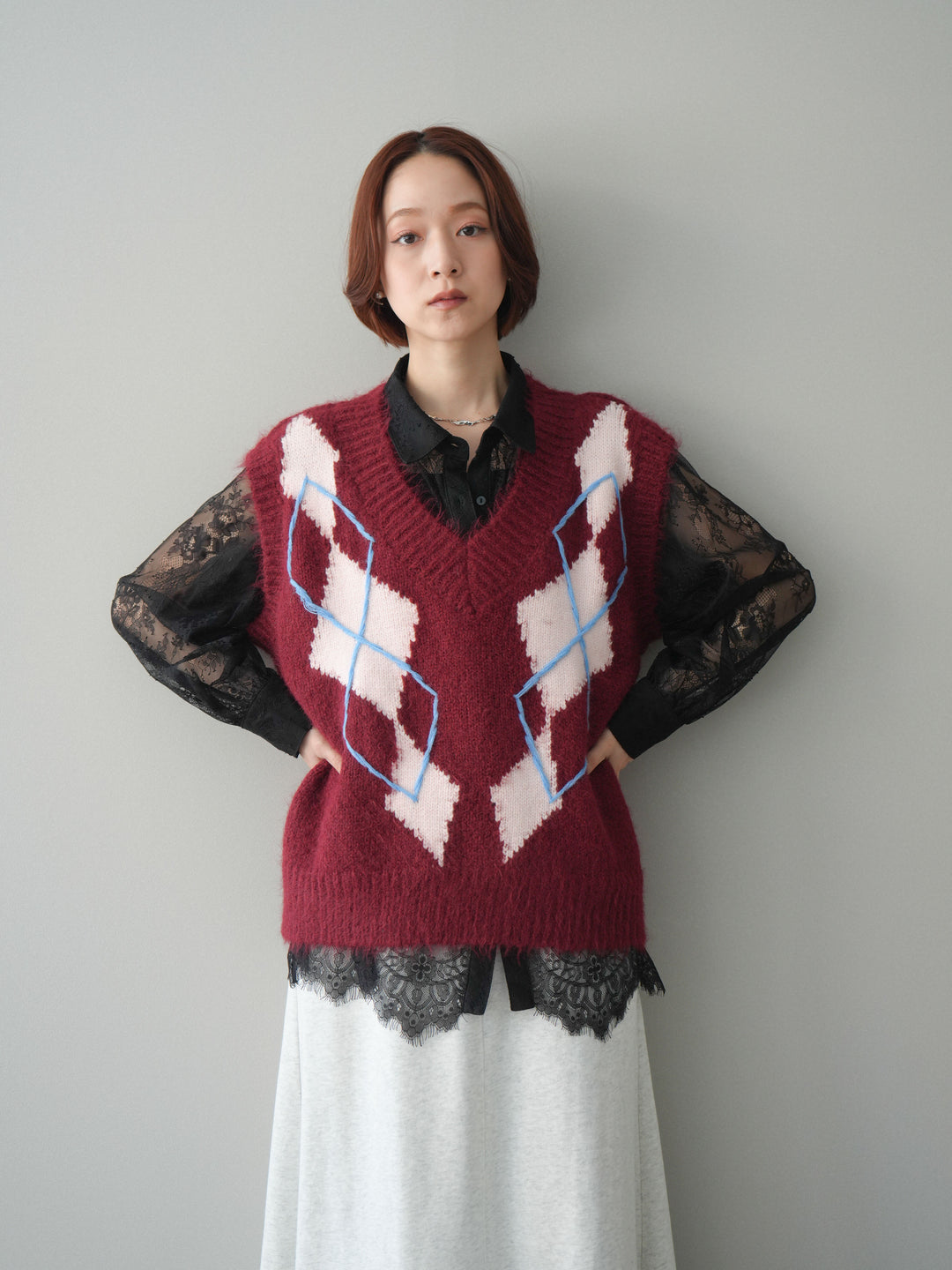 [SET]アーガイルVネックニットベスト+選べるアクセセット(2set)