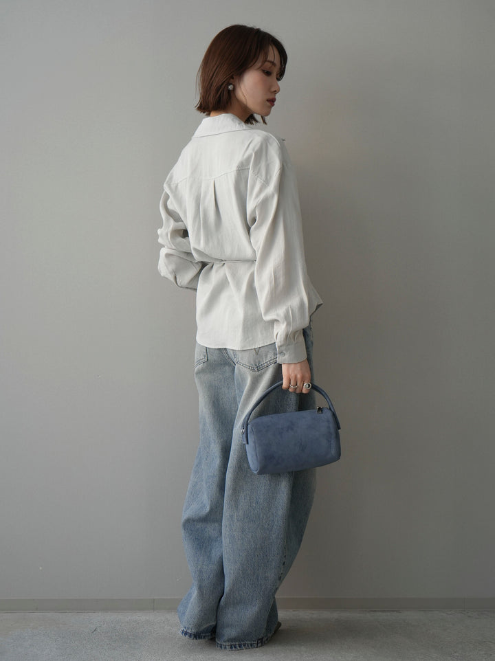 [SET]Vネック変形ラインシャツ+ダメージデニムセミワイドパンツ(2set)