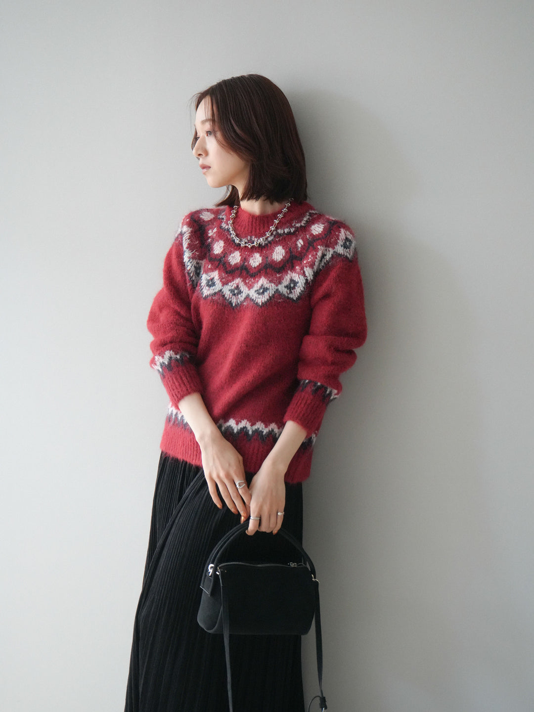 [SET]ソフトタッチ求心柄ニットプルオーバー+裾レーススウェードプリーツマキシスカート(2set)