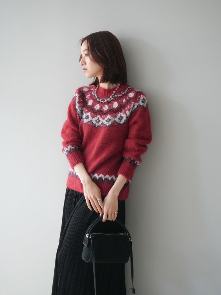 [SET]ソフトタッチ求心柄ニットプルオーバー+裾レーススウェードプリーツマキシスカート(2set)