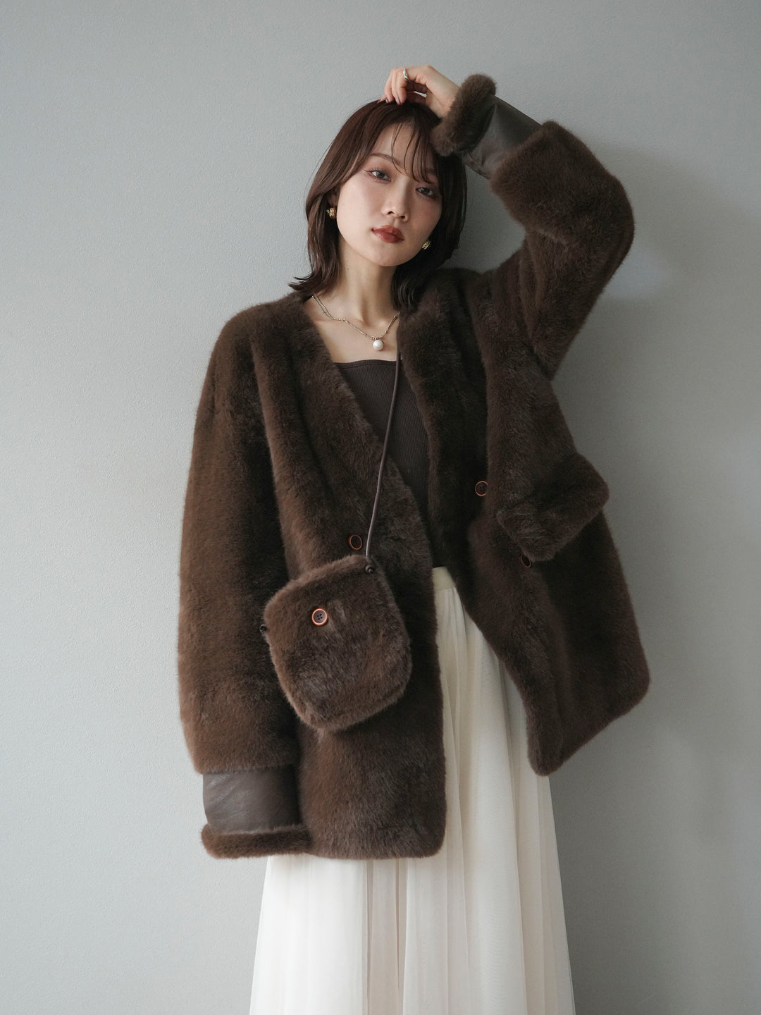 [SET]バッグ付エコファーノーカラーコート+チュールボリュームスカート(2set)