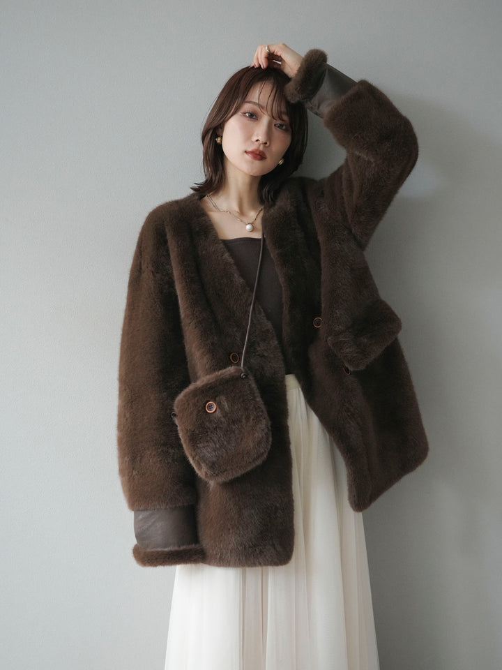 [SET]バッグ付エコファーノーカラーコート+チュールボリュームスカート(2set)