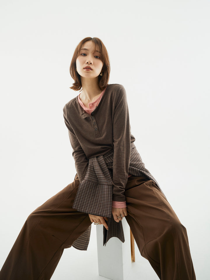 【Allure】[SET]配色レイヤードヘンリーネックトップス+タフタワイドカーブパンツ(2set)