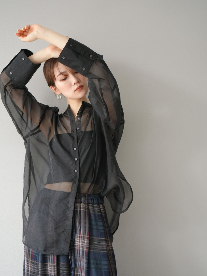 [予約]シャイニーシアーバンドカラーシャツ/ブラック