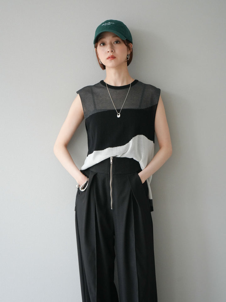 [SET]バイカラーシアーニットノースリーブ+ジップタックワイドパンツ(2set)