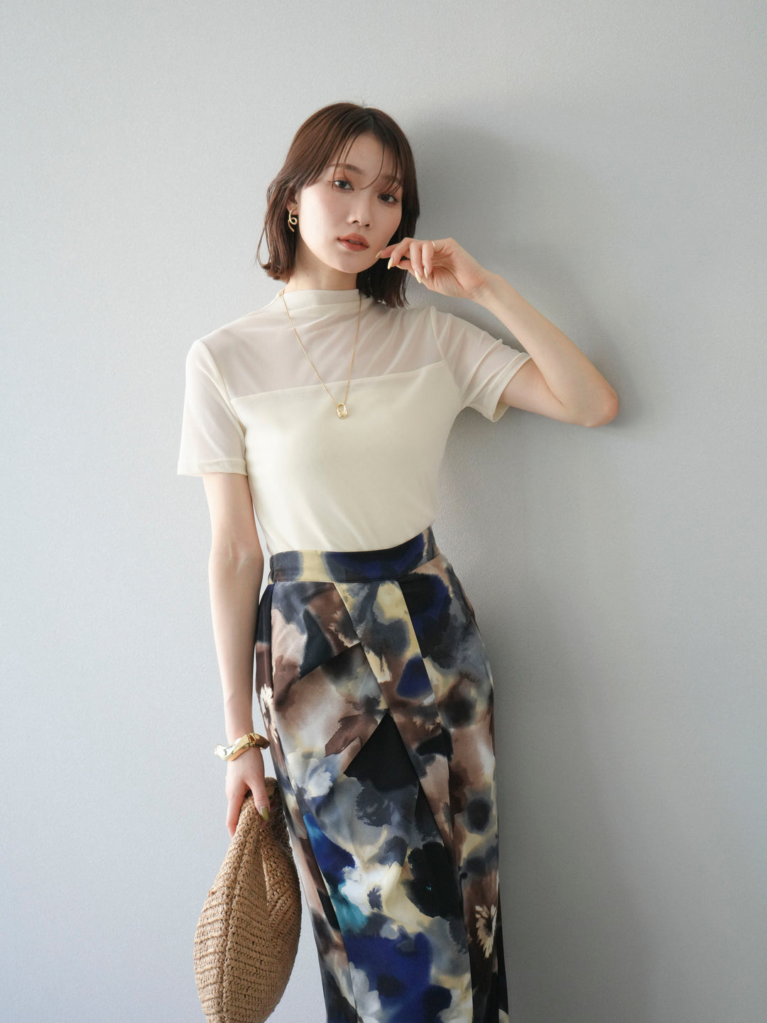 [SET] 透視半袖上衣 + 水彩印花褶襉I字裙 (2set)