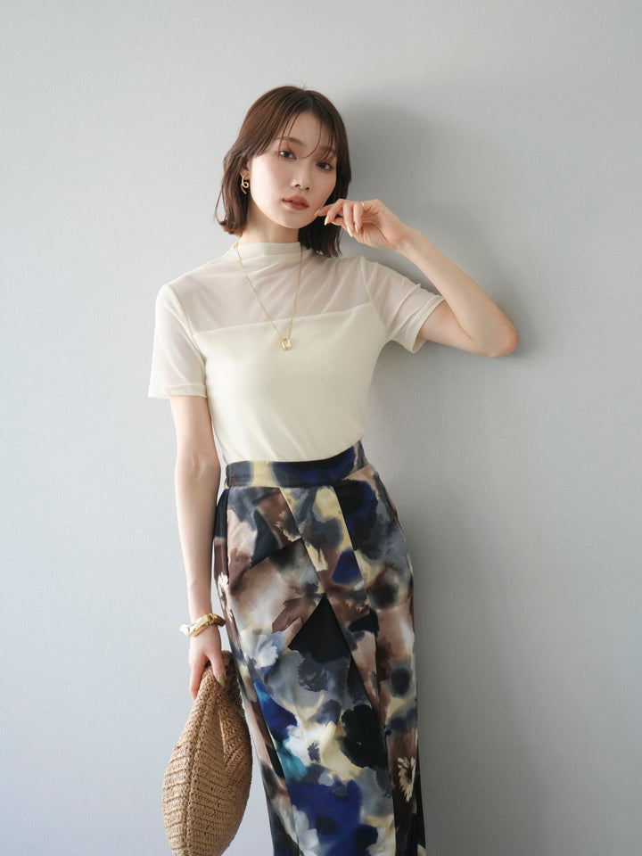 [SET] 透視半袖上衣 + 水彩印花褶襉I字裙 (2set)