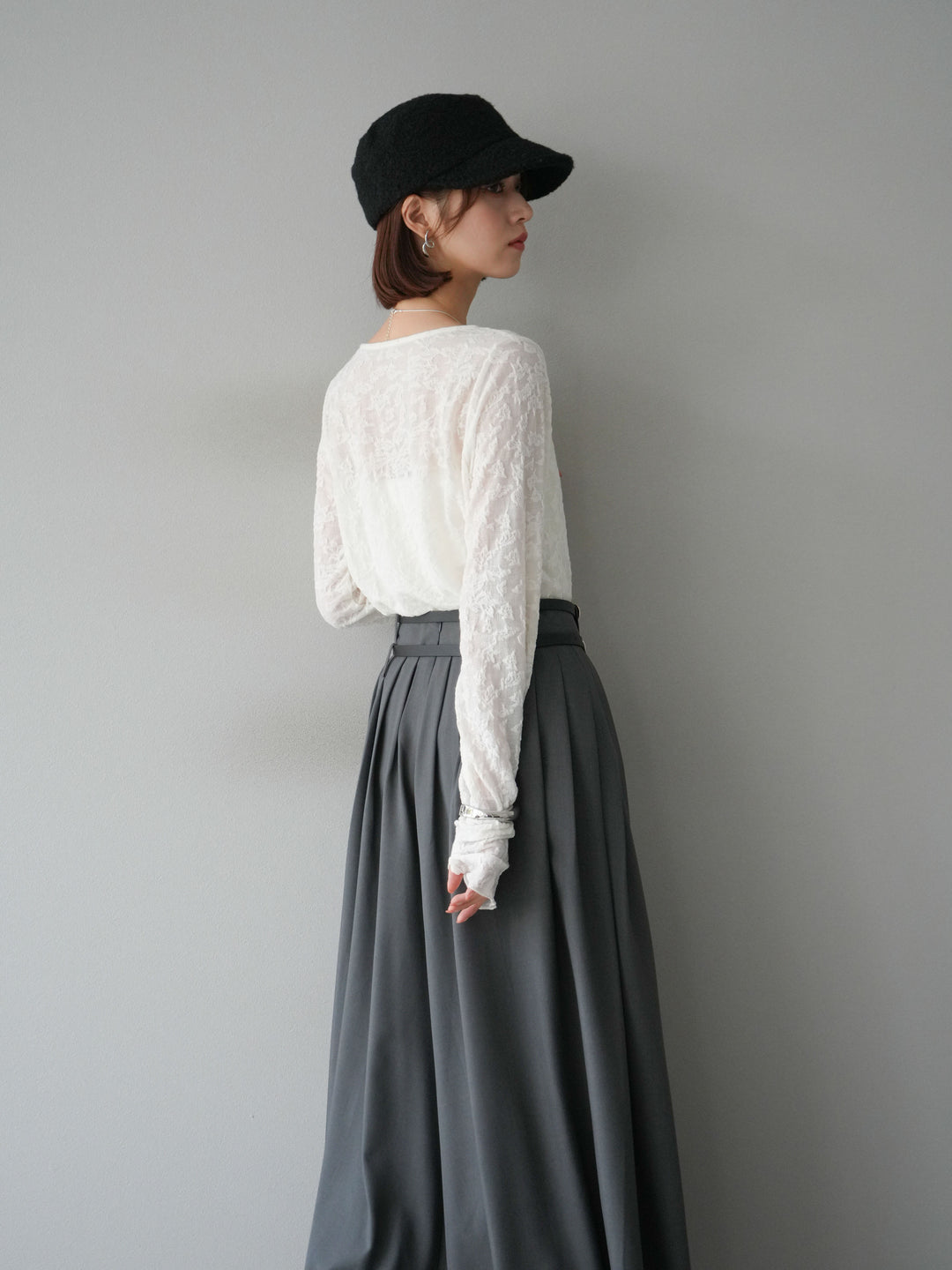 [SET]シアージャガードトップス+エステルプリーツスリットスカート(2set)